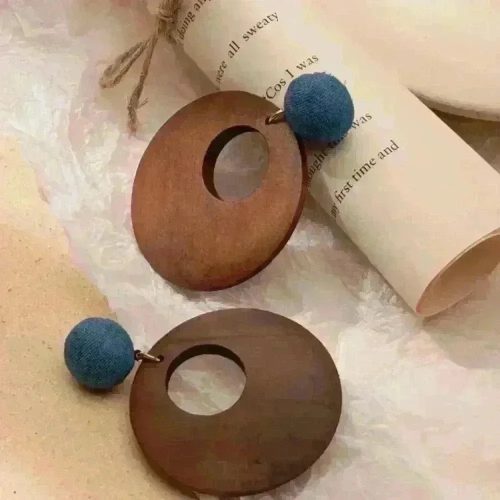 Hollow Wooden Round Shape Dangle Earrings